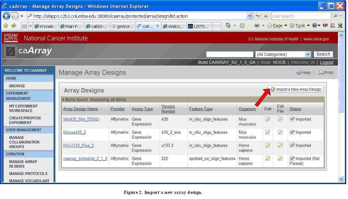 Screenshot showing Manage Array Designs Screen with Import a New Array Design Link