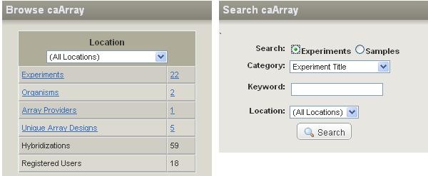 Screenshot showing the Browse and Search caArray User Interfaces