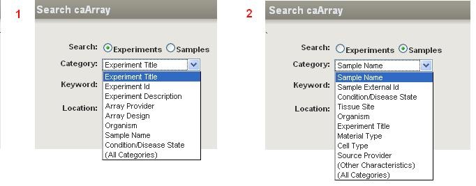 Screenshots showing the Search caArray Interface with Experiments and Samples Expanded