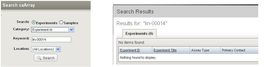 "Screenshot showing Public search result for a newly created experiment lin-00014