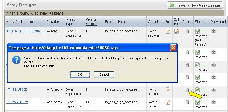 Screenshot showing Array Design Files with Delete Icon and Confirmation Window