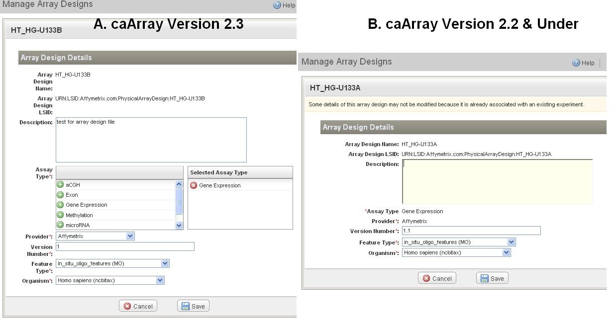 Array Design Details Dialog Open for Editing in V2.3 and V2.2 and Under with Fewer Fields Open for Editing