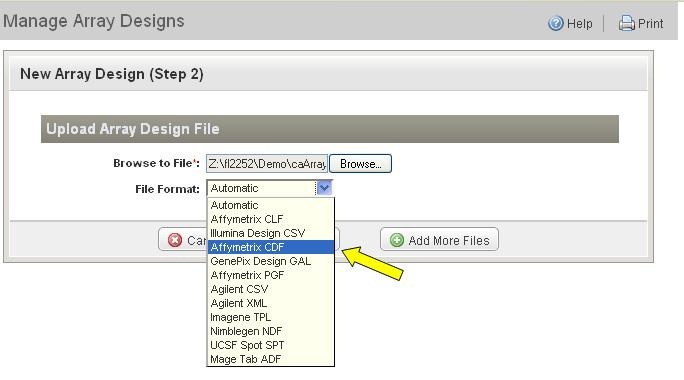 Screenshot showing Selecting the Array design file format