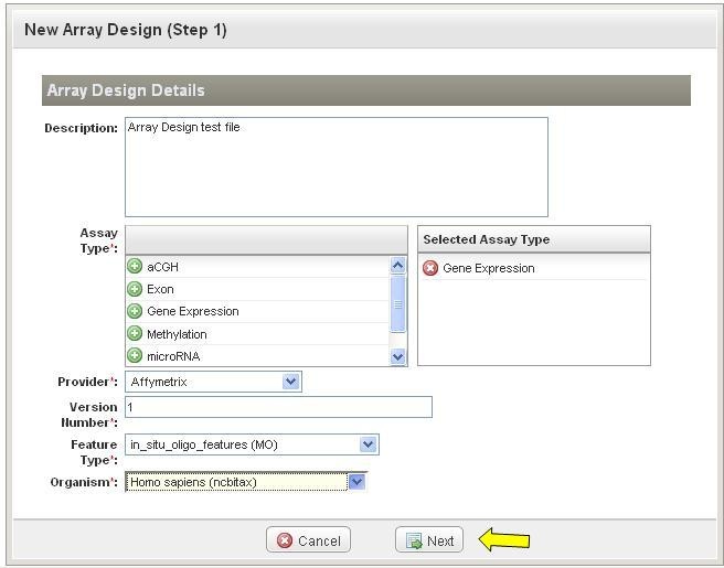 Screenshot illustrating New Array Design Dialog with Form Completed