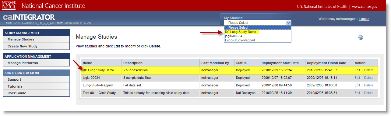 Screenshot showing the Manage Studies page listing the study defined in this example and showing the study in the My Studies dropdown list