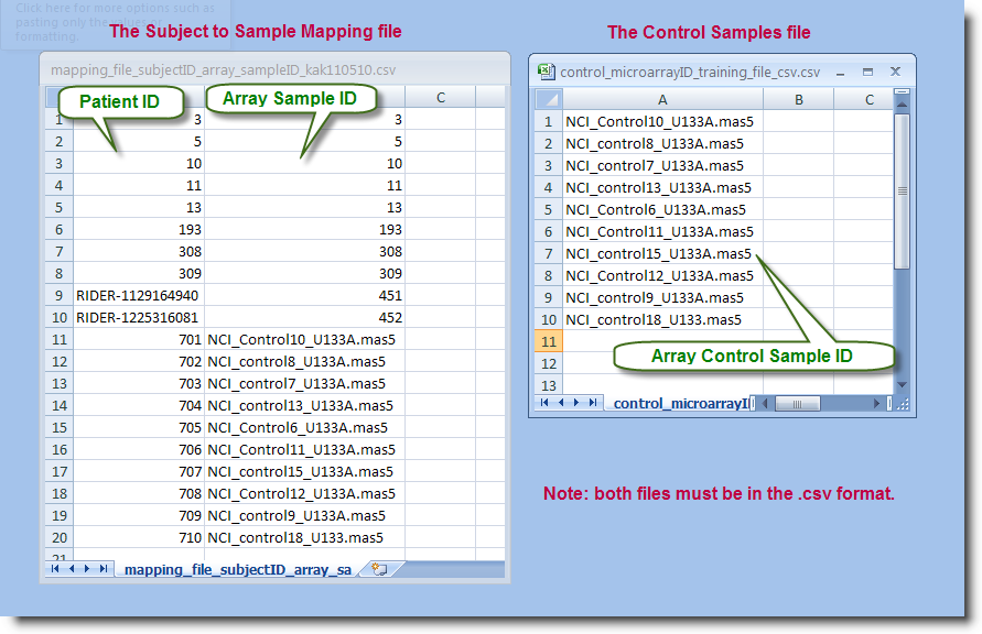 Screenshot showing Subject to Sample Mapping file and Control samples file