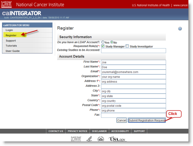 Screenshot showing Register link and panel