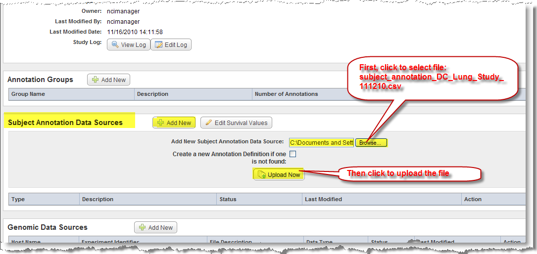 Screenshot showing the expanded Subject Annotation Data Sources section with the Browse and Upload Now buttons