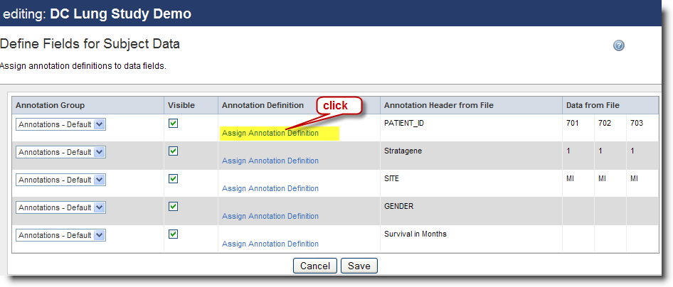 Screenshot showing the Define Fields for Subject Data page with the Assign Annotation Definition link