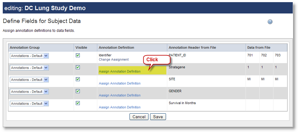 Screenshot showing Assign Annotation Definition Link