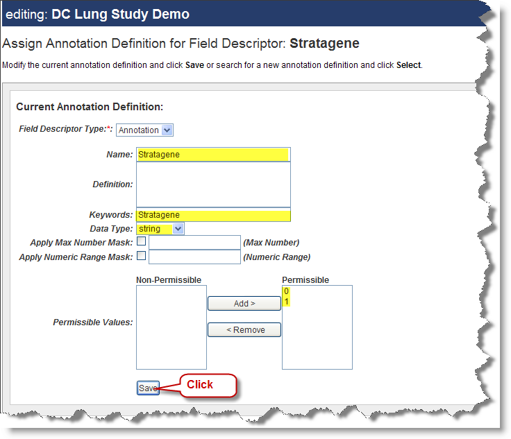 Screenshot showing Current Annotation Definition form with Stratagene data filled in