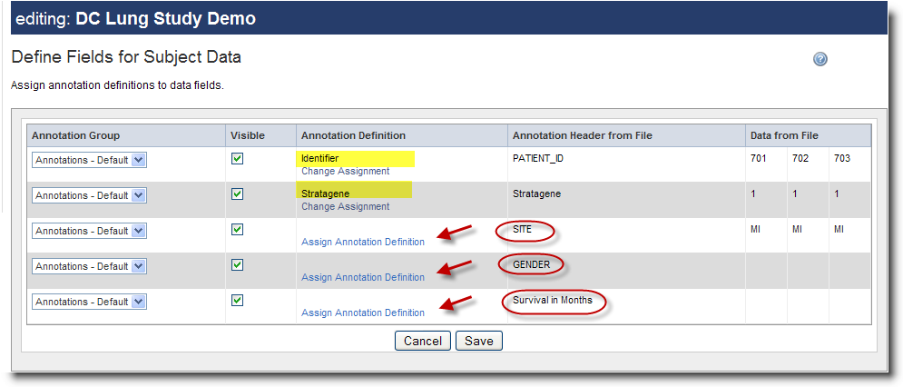 Screenshot showing Assign Annotation Definition link for all fields in the annotation header