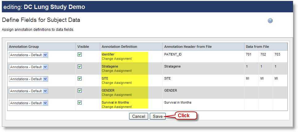Screenshot showing Save button on Define Fields for Subject Data page