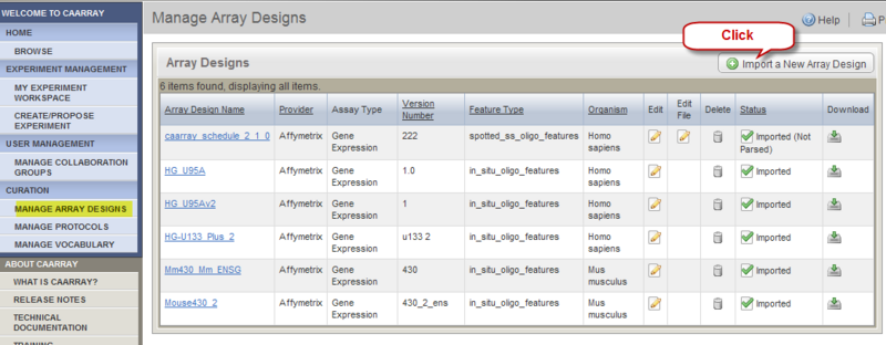 screenshot of Manage Array Designs Page with Import a New Array Design Button