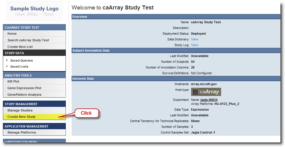 Screenshot showing the Create new Study link and summary information about the study the details of which are not significant at this step