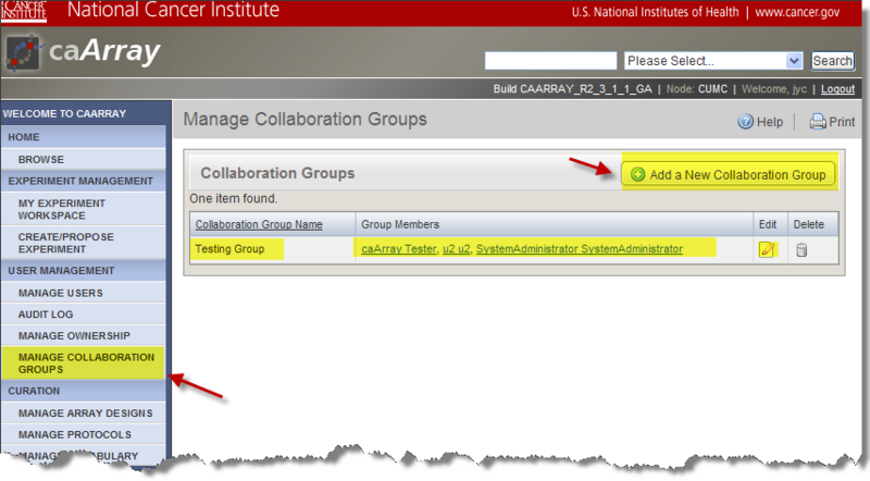 Collaboration Groups Created for Access to a User's Own Experiments in caArray