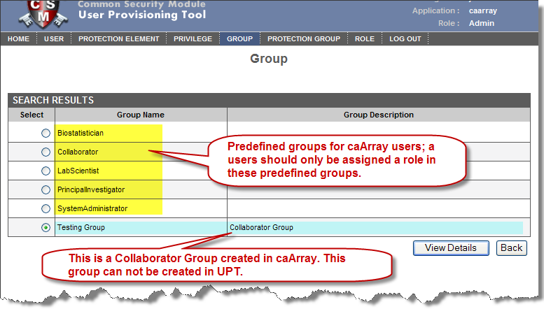 Predefined Groups for caArray Users Also Showing Collaboration Groups