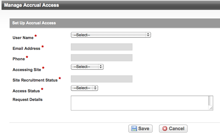 Set Up Accrual Access section of the Manage Accrual Access page