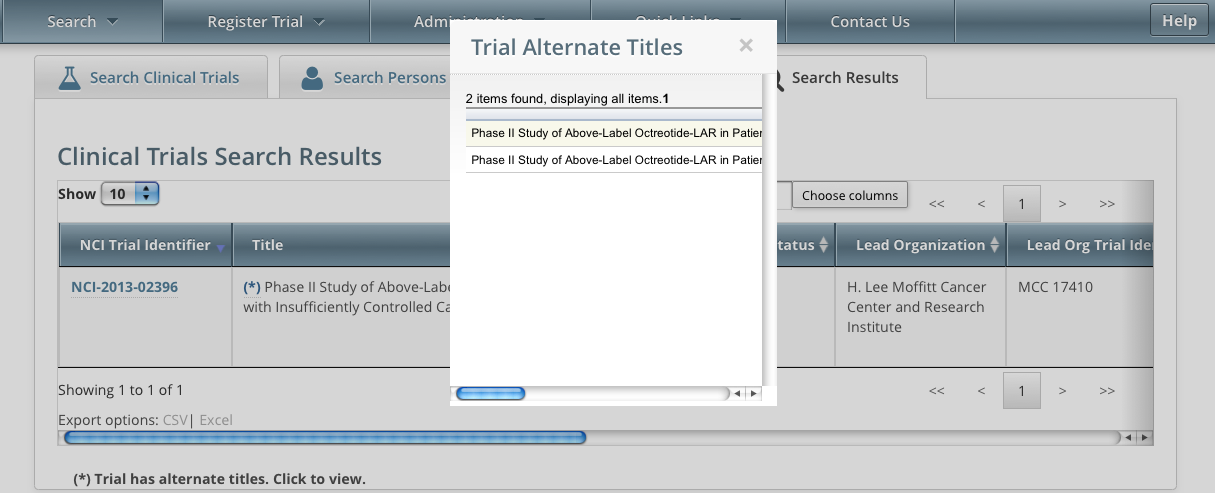 Clinical Trials Search Results page showing alternate titles for a trial