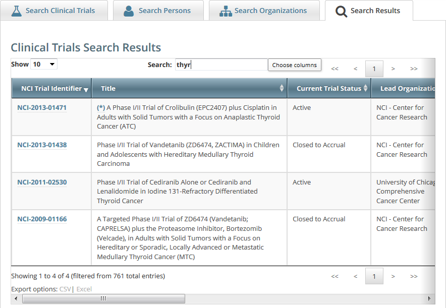Clinical Trials Search Results page