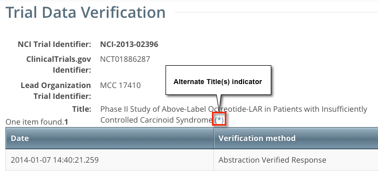 Trial Data Verification page showing alternate title indicator