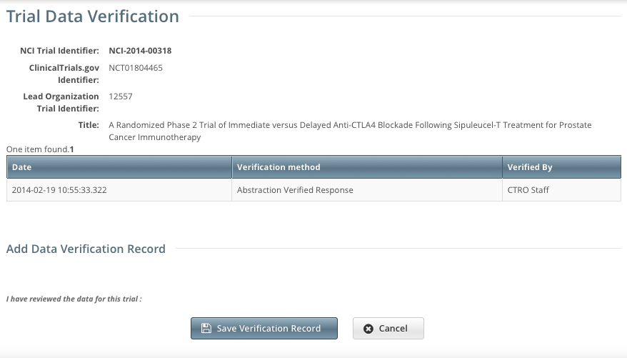 Trial Data Verification page with verification recorded by CTRO staff