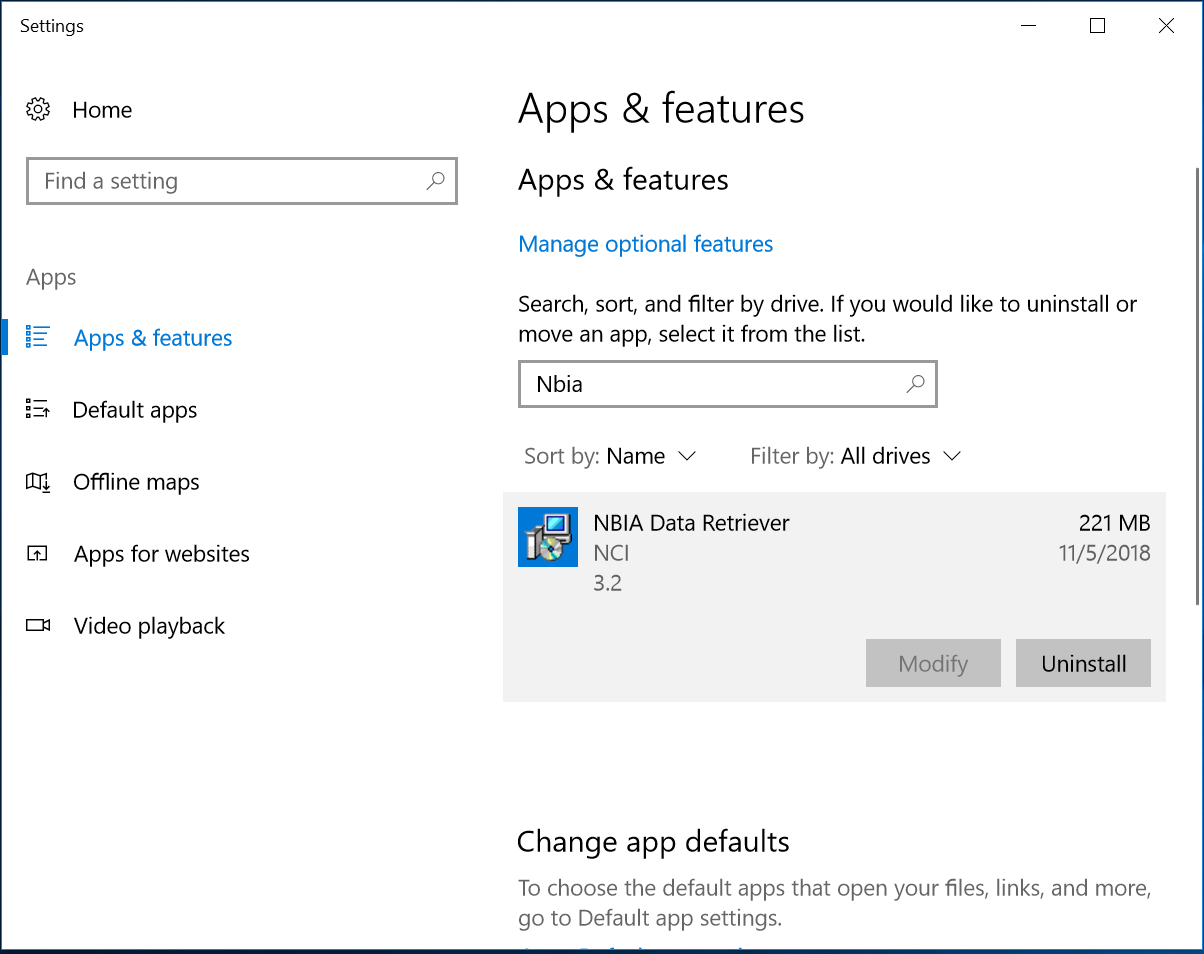 Apps and Features menu in Windows 10 showing NBIA Data Retriever