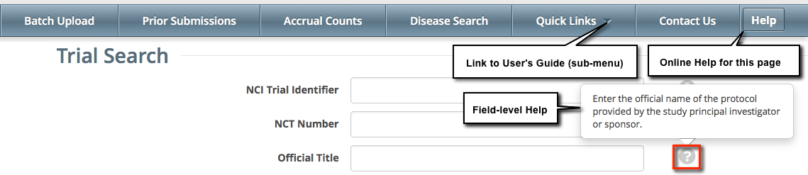 Trial Search page annotated to show field-, page-, and application-level online help
