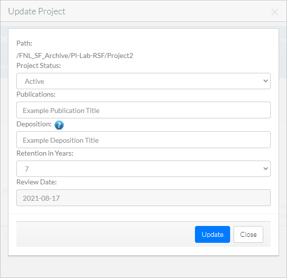 The Update Project dialog box.