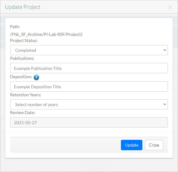 The Update Project dialog box for a completed project.