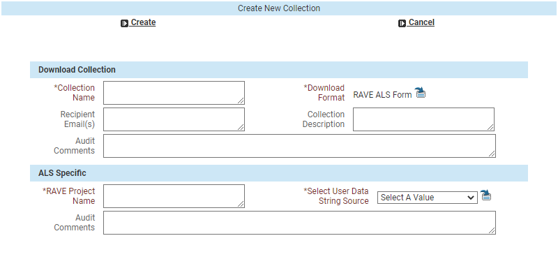 The Create Collection dialog box for ALS Form.