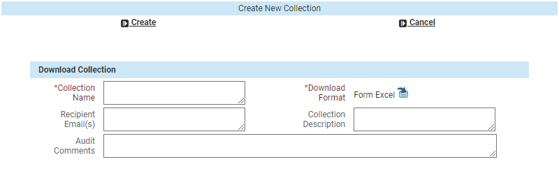 The Create Collection dialog box for all other formats.