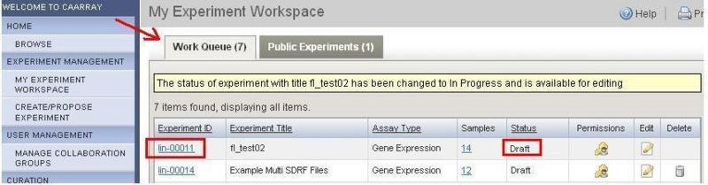 The 'Work Queue' tab on the 'My Experiment Workspace' page shows a table listing two experiments.
