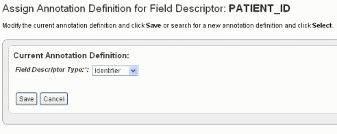 The Assign Annotation Definition dialog box showing Identifier selector as the Field Descriptor Type.