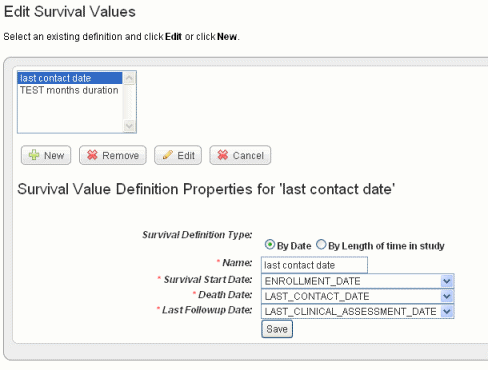 Survival Definitions example showing properties for 'last contact date'.