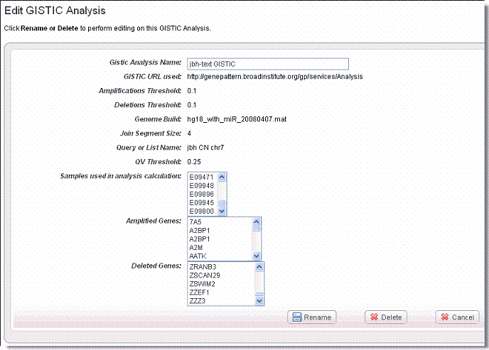 "Edit GISTIC allows you to view and edit analysis parameters. From this page