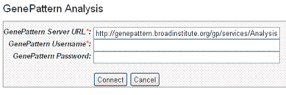 ”Dialog box for configuring the link to GenePattern. Fields are described in the text.”