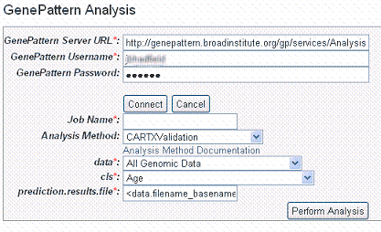 GenePattern dialog box, described in text