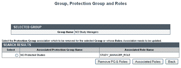 Example UPT page that shows any PGs to which the selected user group is already assigned
