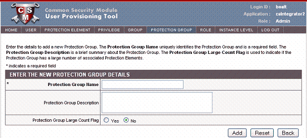 Example UPT page that shows fields for defining a new protection group