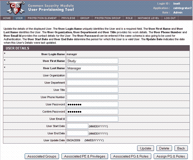 UPT page showing details for a selected user
