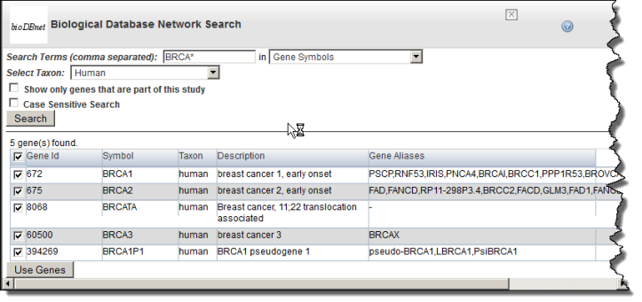 Example bioDBnet gene search criteria and search results
