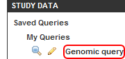 The newly saved 'Genomic query' is shown in the 'Study Data' menu under 'My Queries'.