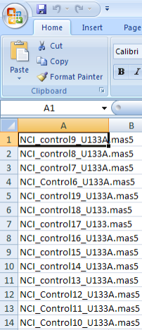 This control training file (shown in Excel) lists the sample IDs of all the controls from our example data source.