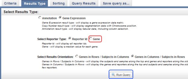 "Click on the 'Gene' button to display a single value representing each subject's EGFR expression levels in the query results