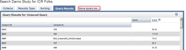 Click on the 'Save query as…' tab to save the query results.