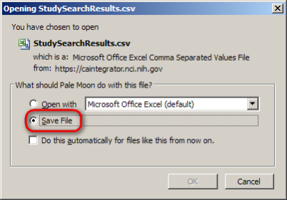 Screenshot of file dialog showing how to save exported CSV file