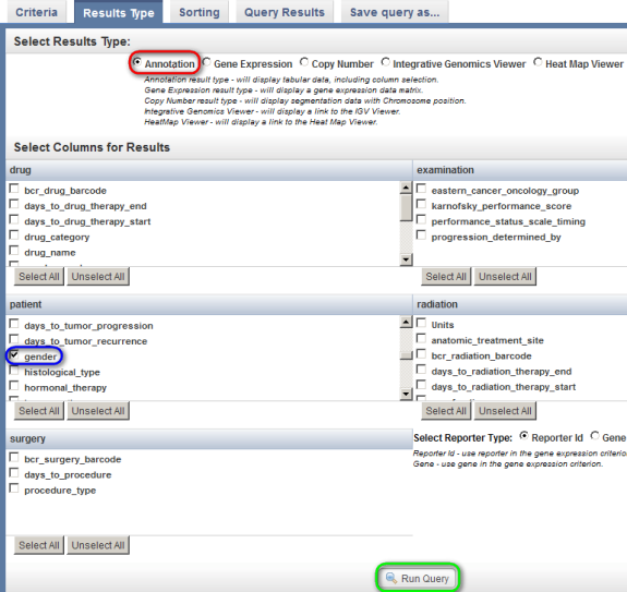 Screenshot of 'Results Type' tab showing how to add annotation data to query results