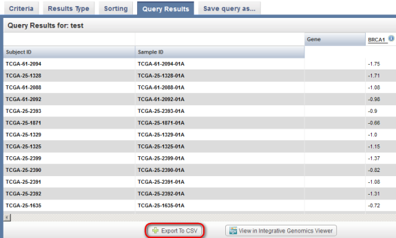 Screenshot of 'Query Results' tab showing how to export gene expression query results to a CSV file