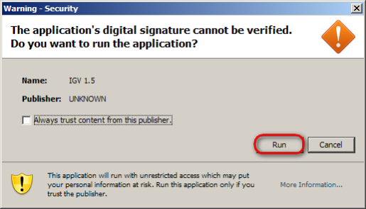 Screenshot of Java security warning dialog